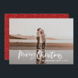 Modern minimal 1 photo red script Christmas Holiday Card<br><div class="desc">Merry Christmas modern 1 photo Christmas card. Modern black,  red and white holiday design. Script text with a modern edge. Hand painted polka dot spotty backer. Change the backer colour to customize.</div>