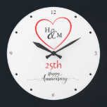 Modern Minimal 25th Wedding Anniversary Gift Ideas Large Clock<br><div class="desc">Celebrate a special anniversary with this modern, minimal wall clock design, featuring a heart with a customizable monogram inside. Perfect for commemorating the 25th wedding anniversary or any milestone year, this clock allows you to personalize both the initials and the year, creating a meaningful keepsake. Its clean and timeless style...</div>