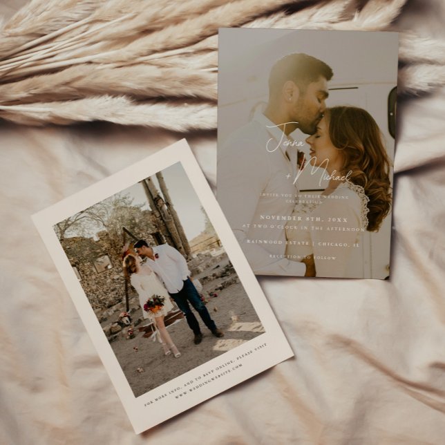 Modern Minimal 2-Photo Beige Wedding Invitation (Creator Uploaded)