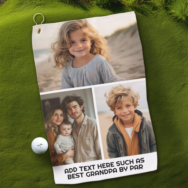 Modern Minimal 3 Photo Collage with Text Golf Towel (Custom Golf Towel)