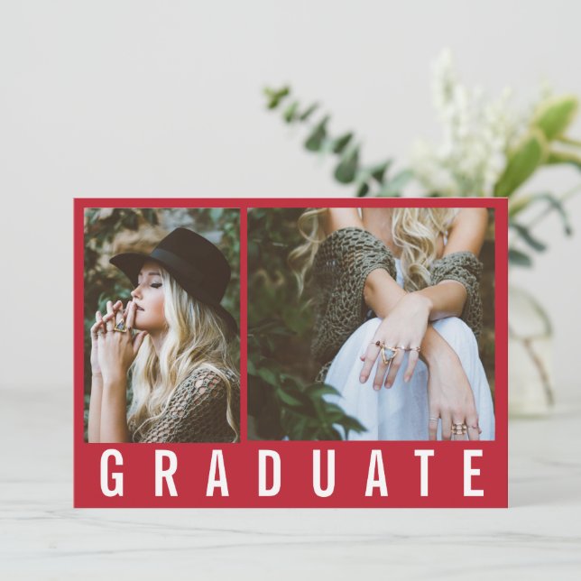 Modern minimal 3 photo graduation simple bold red announcement (Standing Front)