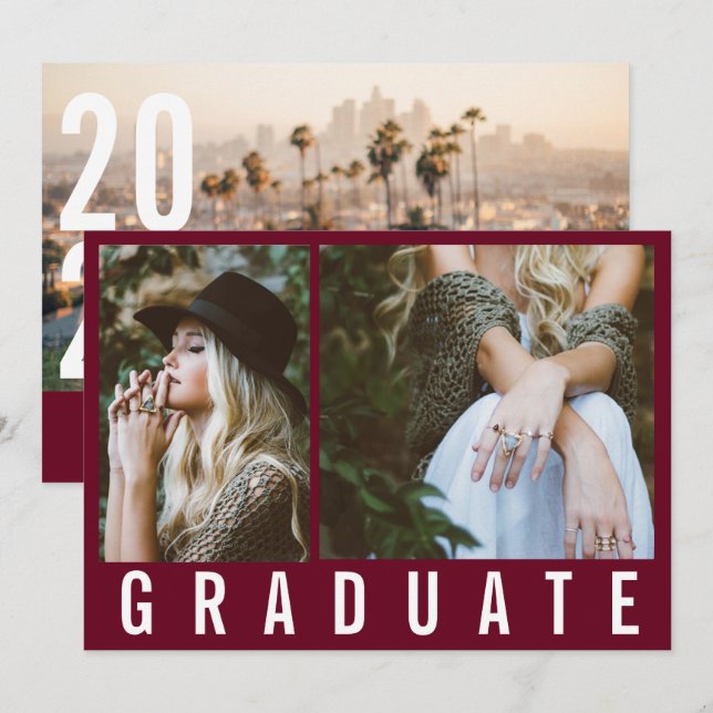 Modern minimal 3 photo graduation simple burgundy announcement (Front/Back)
