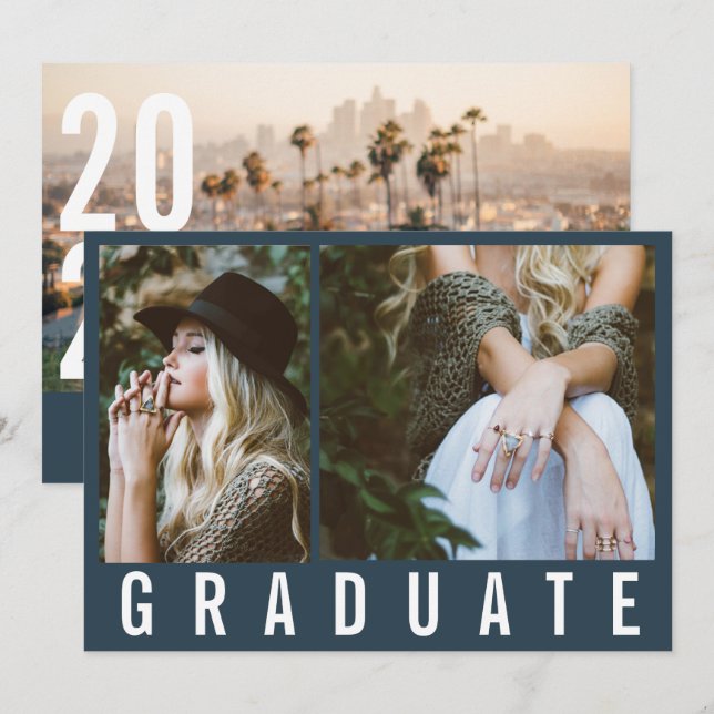 Modern minimal 3 photo graduation simple navy blue announcement (Front/Back)