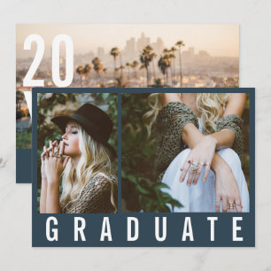 Modern minimal 3 photo graduation simple navy blue announcement