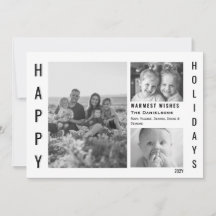 Modern Minimal 3 Photo Happy Holiday Black & White