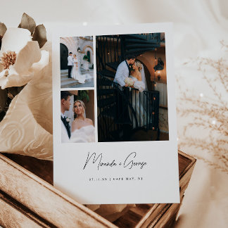 Modern Minimal 3-Photo Script Lettering Wedding Thank You Card