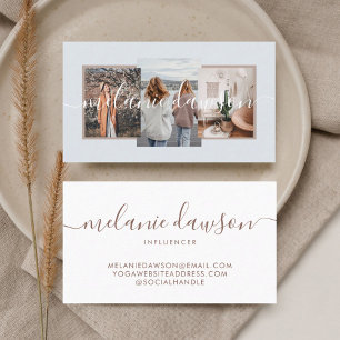 Modern Minimal 3 Photo Social Influencer Pale Blue Business Card