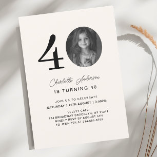 Modern, minimal 40. Beige Birthday Photo Invitation