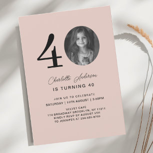 Modern, minimal 40. Blush-Brown Photo Birthday  Invitation