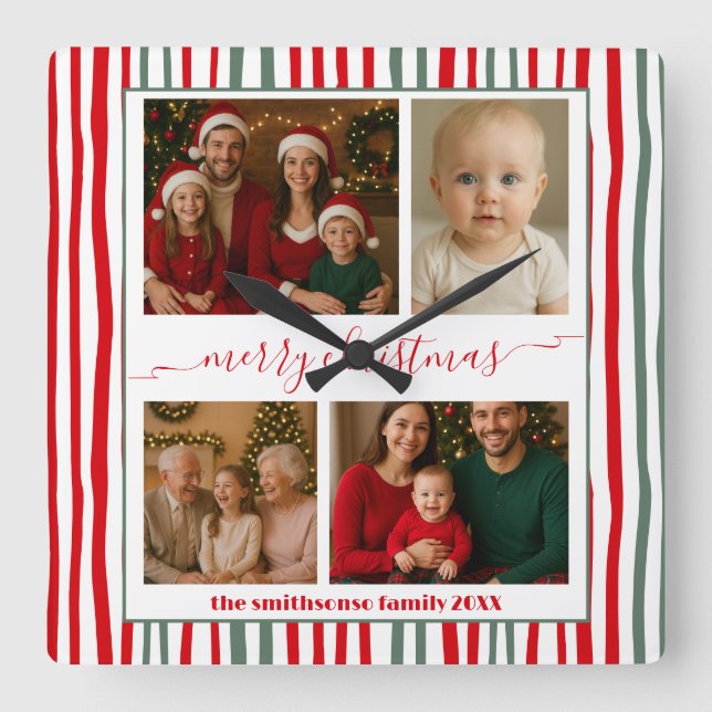 Modern Minimal 4 Photo merry Christmas Square Wall Clock (Front)