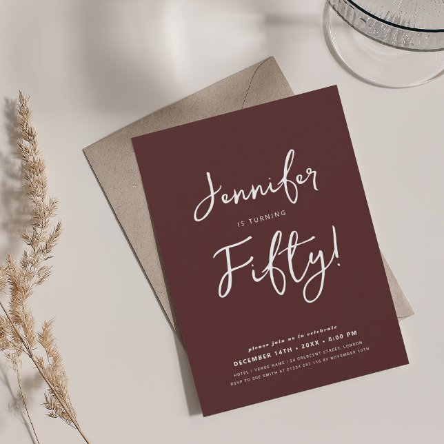 Modern Minimal 50th Birthday Script Burgundy  Invitation (Modern Minimal 50th Birthday Script Burgundy Invitation)