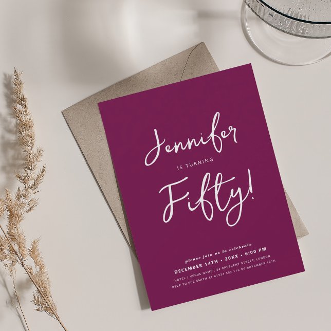 Modern Minimal 50th Birthday Script Magenta  Invitation (Modern Minimal 50th Birthday Script Magenta Invitation)