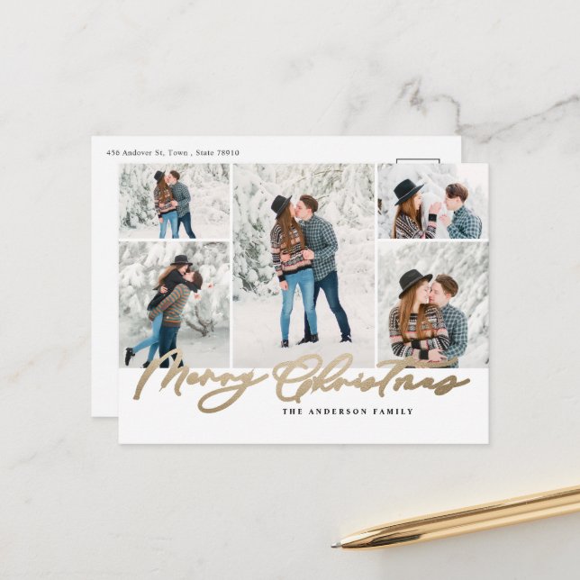 Modern minimal 5 photo Christmas elegant script Holiday Postcard (Front/Back In Situ)