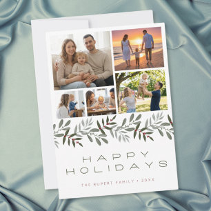 Modern Minimal 5 Photo Collage Happy Holidays Holiday Card