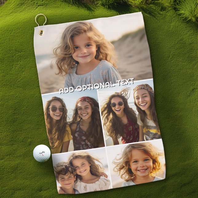 Modern Minimal 5 Photo Collage with Text Golf Towel (Custom Golf Towel)