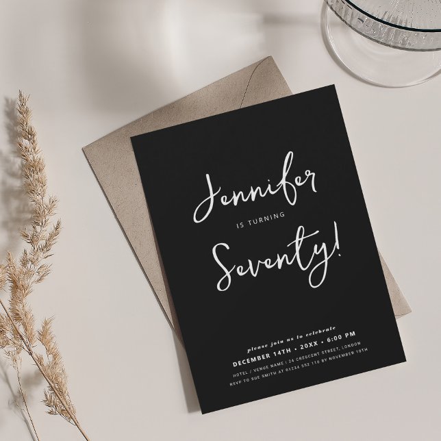 Modern Minimal 70th Birthday Script Black  Invitation (Modern Minimal 70th Birthday Script Black Invitation)