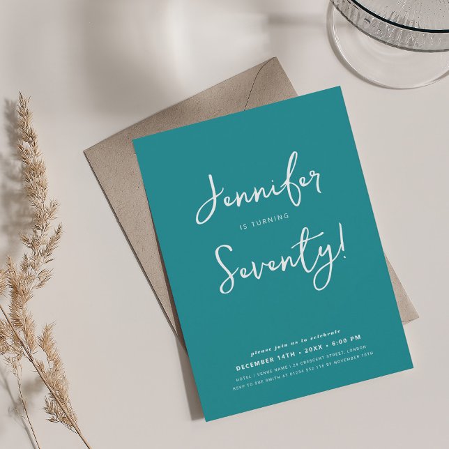 Modern Minimal 70th Birthday Script Turquoise  Invitation (Modern Minimal 70th Birthday Script Turquoise Invitation)