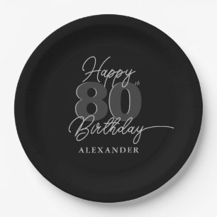 Modern Minimal 80th Birthday Party Black Grey Paper Plate