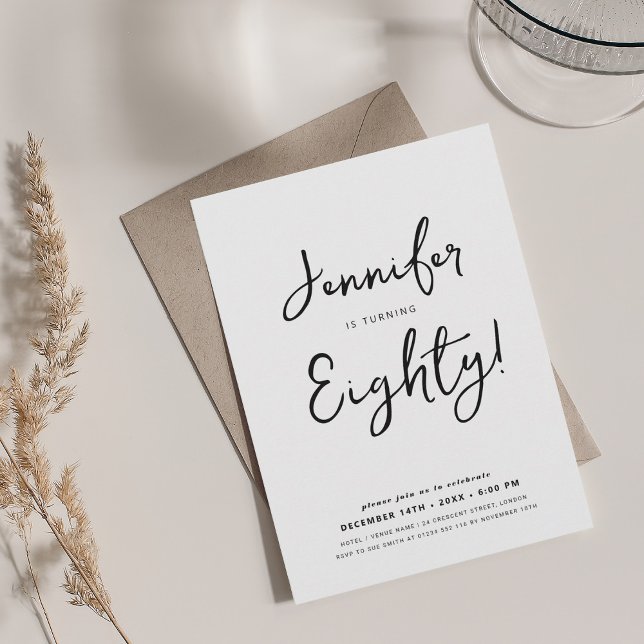 Modern Minimal 80th Birthday Script Black & White Invitation (Modern Minimal 80th Birthday Script Black & White Invitation)