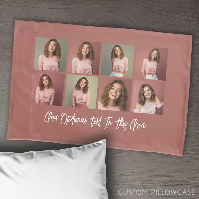 Modern Minimal 8 Photo Grid Collage - Rose Pillowcase (Create Your Own Photo Collage Pillowcase)