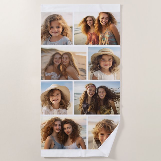 Modern Minimal 8 Photo Grid Collage - White Beach Towel (Front)