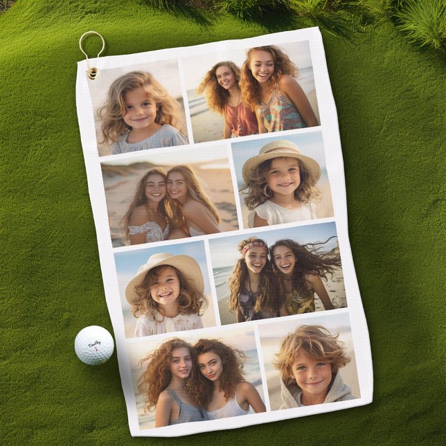 Modern Minimal 8 Photo Grid Collage - White Golf Towel (Custom Golf Towel with Photo Collage)