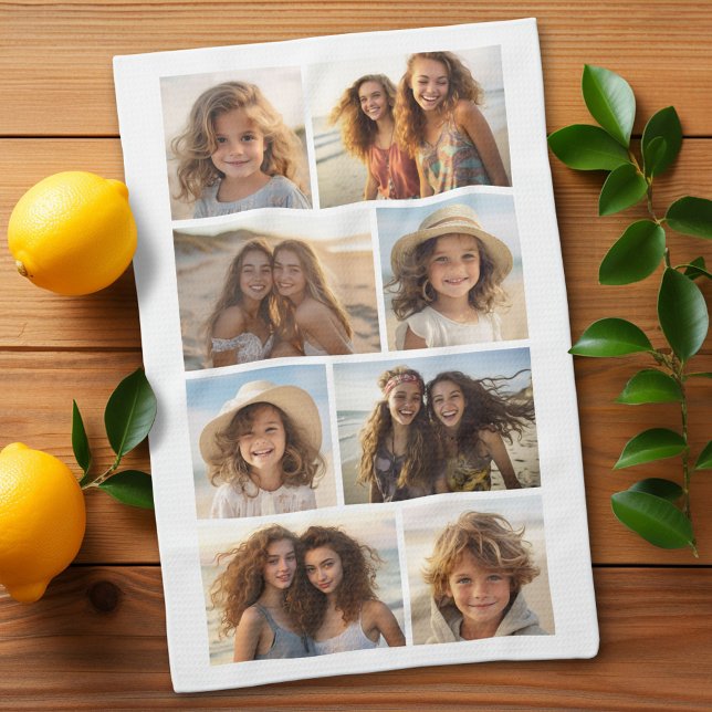 Modern Minimal 8 Photo Grid Collage - White Kitchen Towel (Custom Kitchen Towel with Photo Collage)