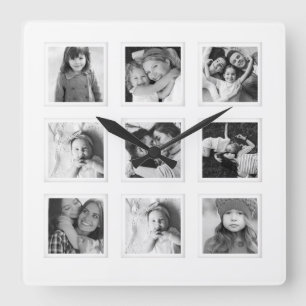 Modern Minimal 9 Grid Matboard Black & White Photo Square Wall Clock