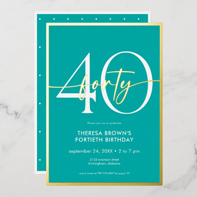 Modern Minimal Aqua Gold Script Forty Birthday (Front/Back)