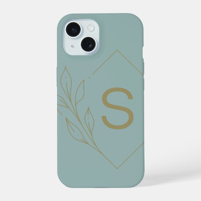 Modern Minimal Aqua Monogram Initial Botanical iPhone 15 Case (Back)