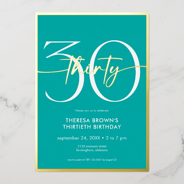 Modern Minimal Aqua Thirty Script Birthday (Front)