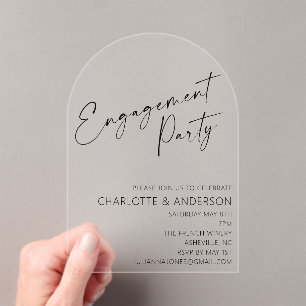 Modern Minimal Arch Black Script Engagement Party Acrylic Invitations