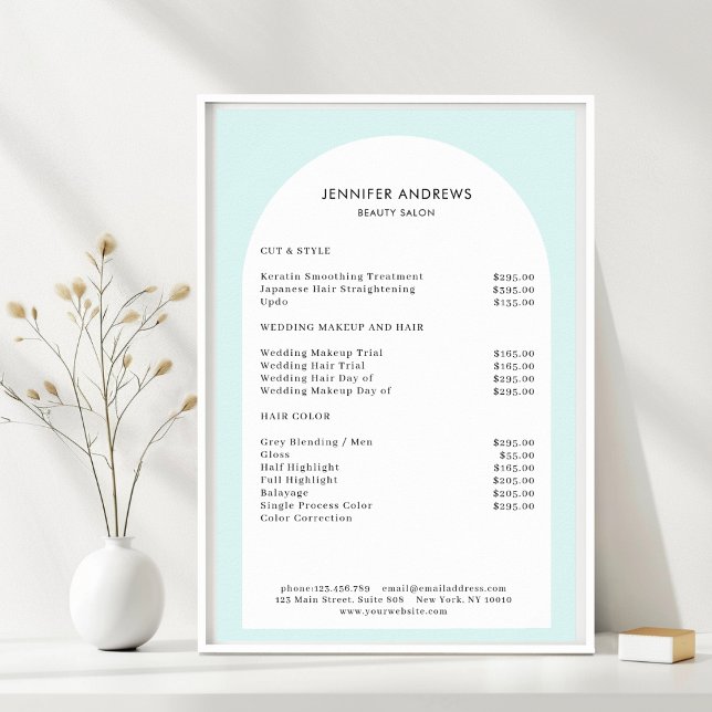 Modern Minimal Arch Light-Blue Salon Price List Poster (Modern Minimal Arch Light-Blue Salon Price List. Prints & Instant Download Available.)