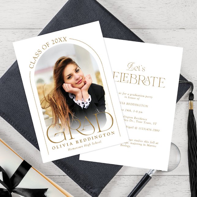 Modern Minimal Arch Photo Gold Graduation Party Invitation (Creator Uploaded)