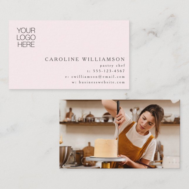 Modern Minimal Baker Pastry Chef Logo Photo Pink Business Card (Front/Back)