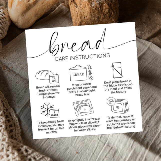 Modern Minimal Bakery Bread Loaf Care Instructions Square Business Card (Fresh bread care instructions cards with icons, elegant fonts and minimalist black and white scheme)