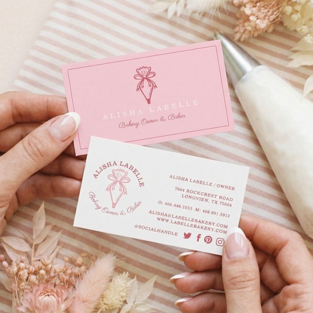 Modern & Minimal Bakery Style Piping Bag Logo Pink Business Card (Modern & Minimal Bakery Style Piping Bag Logo Pink Business Card)