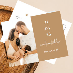 Modern Minimal Beige Photo Birth Announcement Postcard