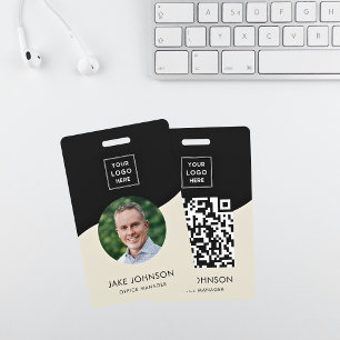 Modern Minimal Beige Staff Employee QR Code Badge