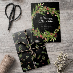 Modern minimal Black foliage wreath Christmas Holiday Card