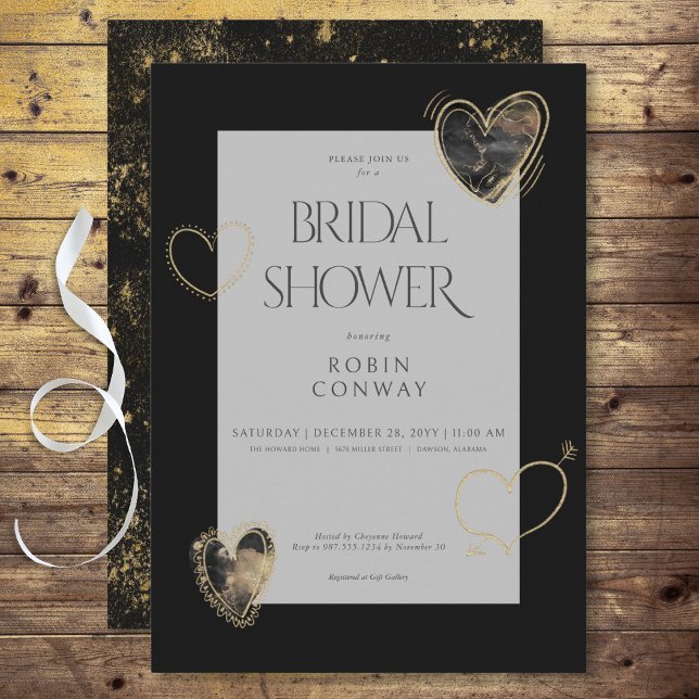 Modern Minimal Black & Gold Hearts Bridal Shower Invitation (Modern Minimal Black & Gold Hearts Bridal Shower Invitation)