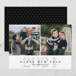 Modern Minimal Black & Grey 2 Photo Happy New Year Holiday Card