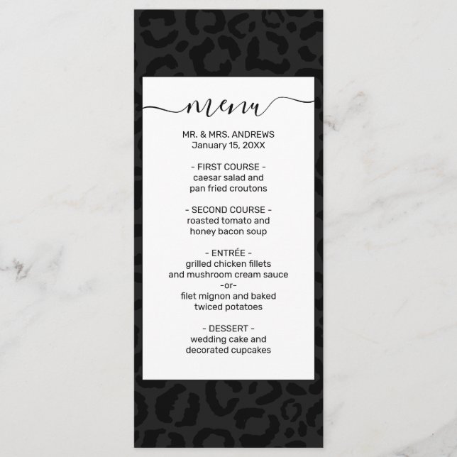 Modern Minimal Black Leopard Print Menu (Front)