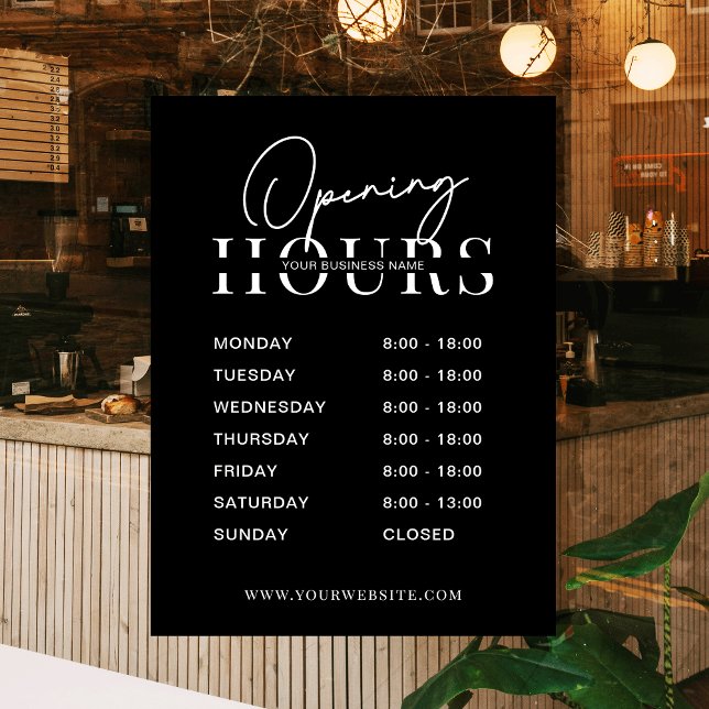 Modern Minimal Black Logo Business Opening Hours Window Cling (Modern black and white opening hours window cling sign for your shop, salon, office or boutique)
