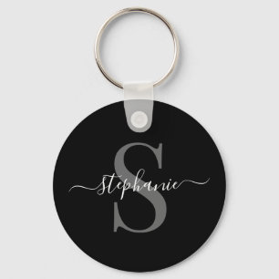 Modern Minimal Black Monogram Initial  First Namw Keychain