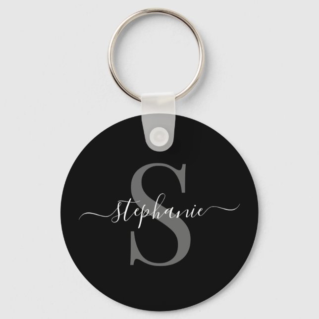 Modern Minimal Black Monogram Initial  First Namw Keychain (Front)