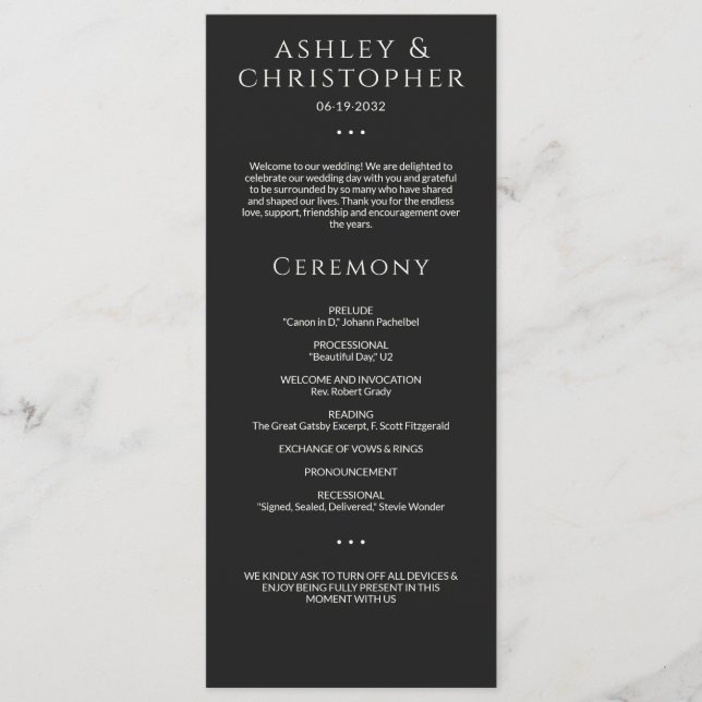 Modern Minimal Black Noir Wedding Ceremony Program (Front)