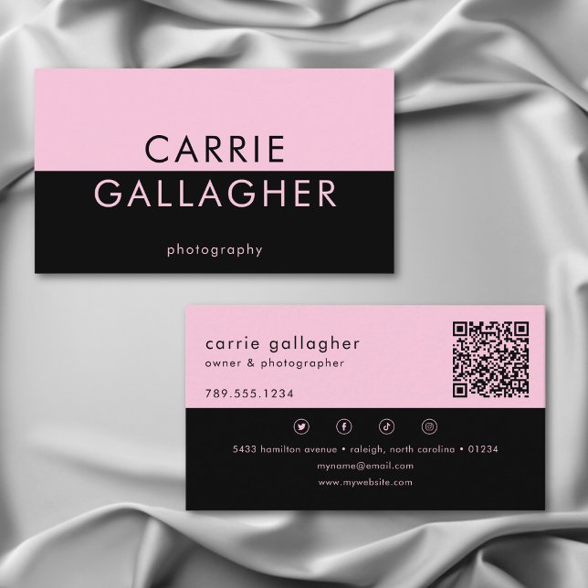 Modern Minimal Black Pink Geometric Monogram QR Business Card (Creator Uploaded)