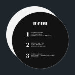 Modern Minimal Black Round Circle Wedding Menu<br><div class="desc">This contemporary wedding menu design features the courses of your wedding meal in simple fonts and a sleek and clean design. This solid black circle menu card certainly stands out from the crowd. Modern typography and menu design for a modern wedding. All elements are customizable - text, background and colours....</div>