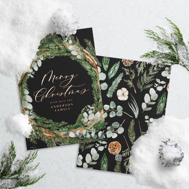 Modern minimal black watercolor wreath Christmas Foil Holiday Card (Creator Uploaded)